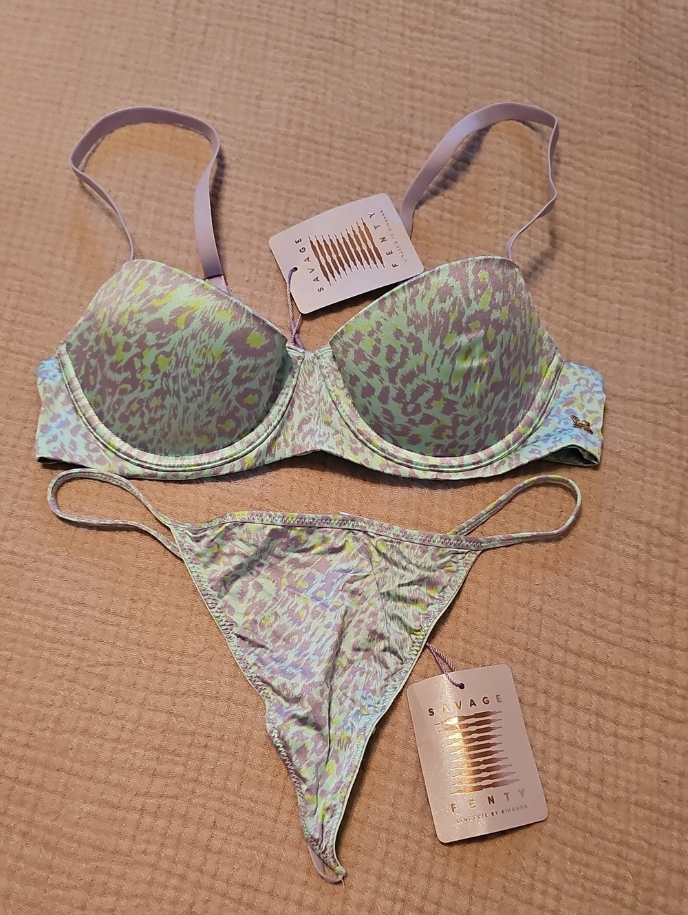 Savage X Fenty Pastel Green & Lavender Leopard Push-Up Bra and Thong Set